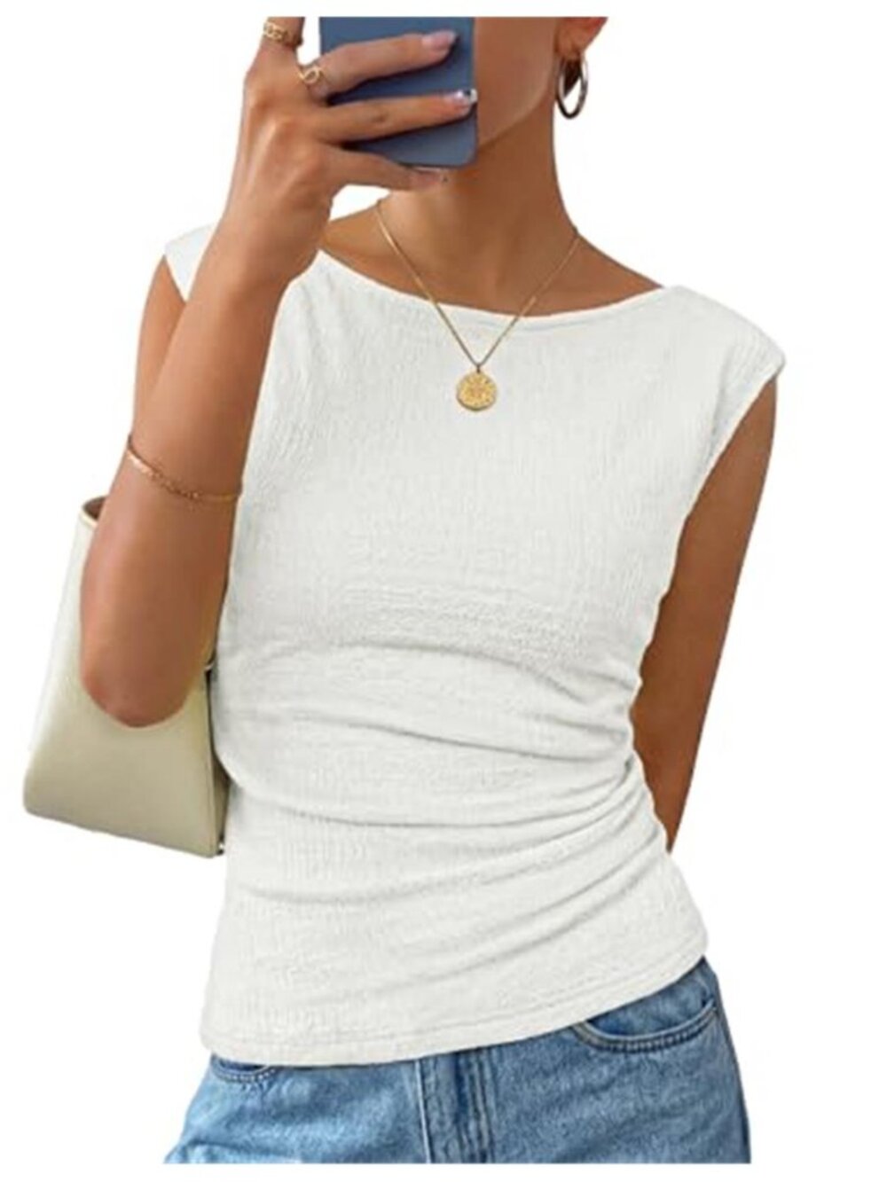 White Ruched Boat Neck Cap Sleeve Slim Fit Top